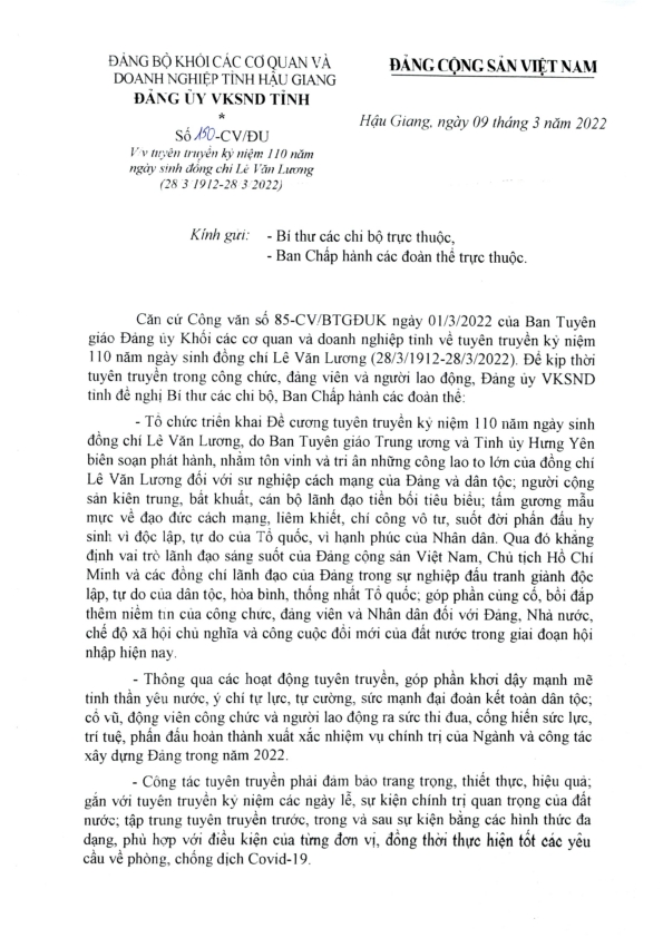 CV 150 Vv tuyên truyền kỷ niệm 110 năm ngày sinh đc Lê Văn Lương (28 3 1912 28 3 2022) 001